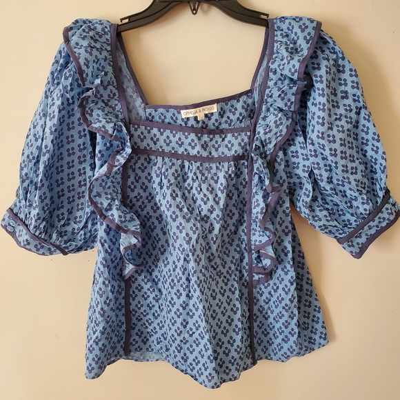 Ophelia & Indigo Tops - Ophelia & Indigo Cotton Peasant Blouse Block Print Boho Size Small Blue